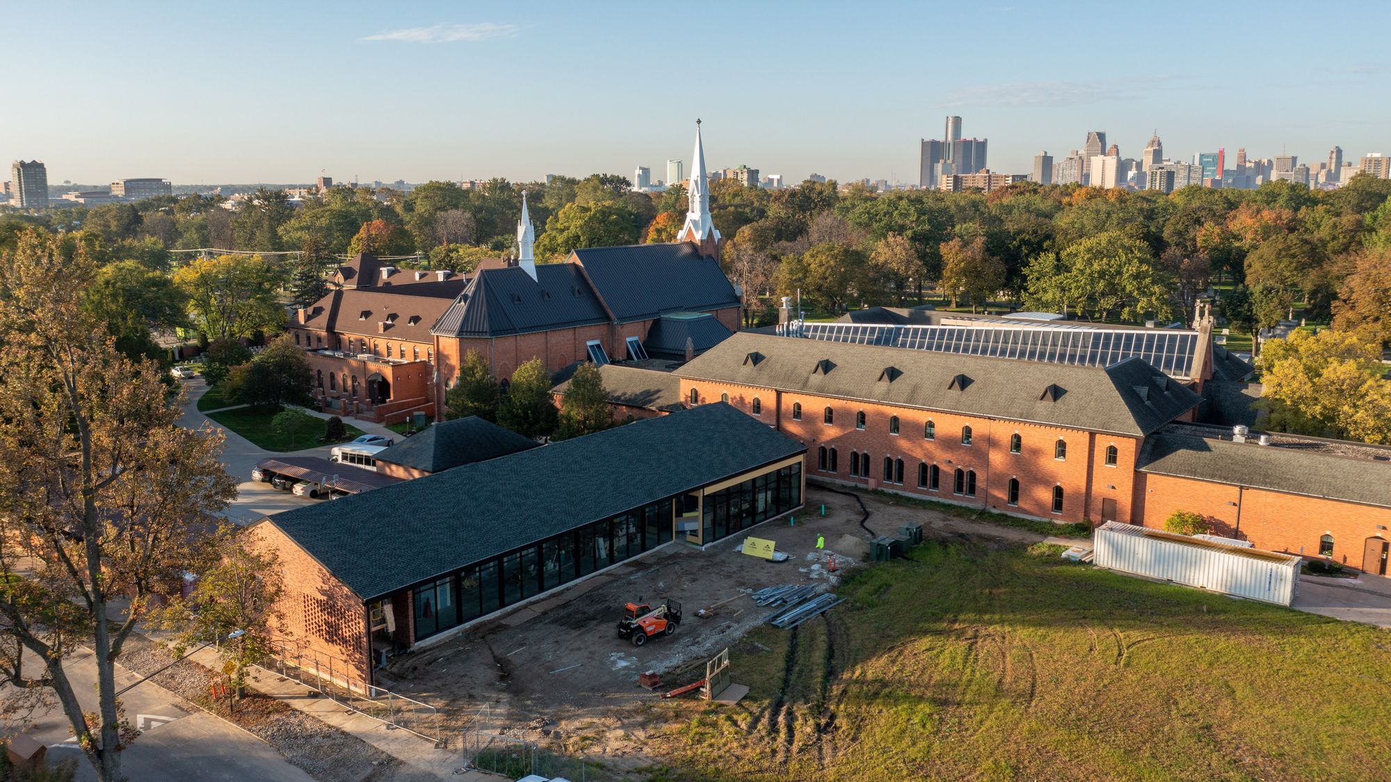 View of the Solanus Casey Center with the new building addition in the foreground
