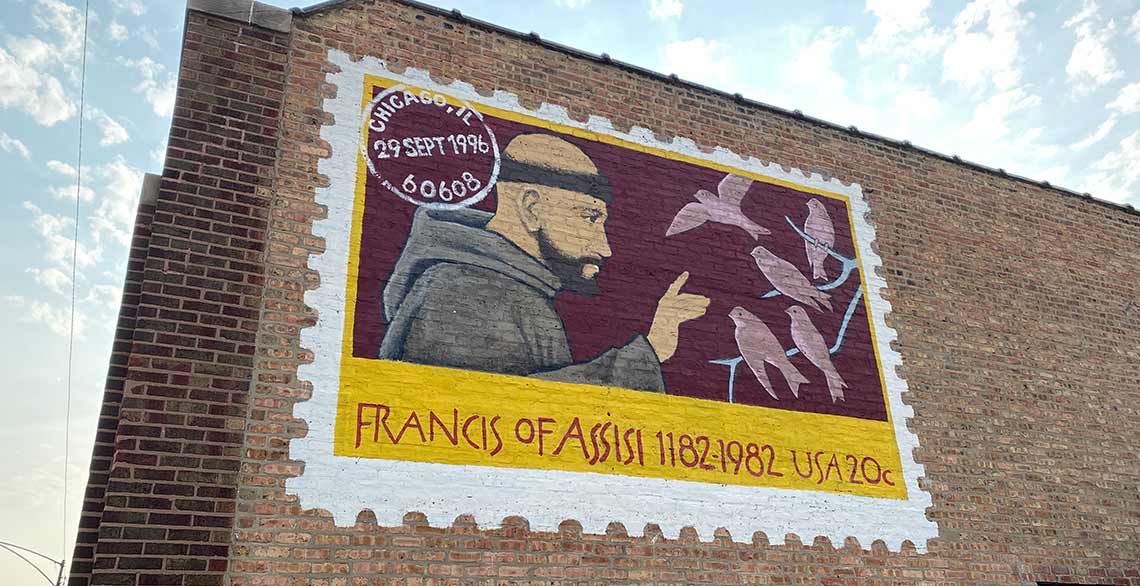 A recent addition to St. Clare Friary is this mural recreating a commemorative postage stamp depicting St. Francis of Assisi. 