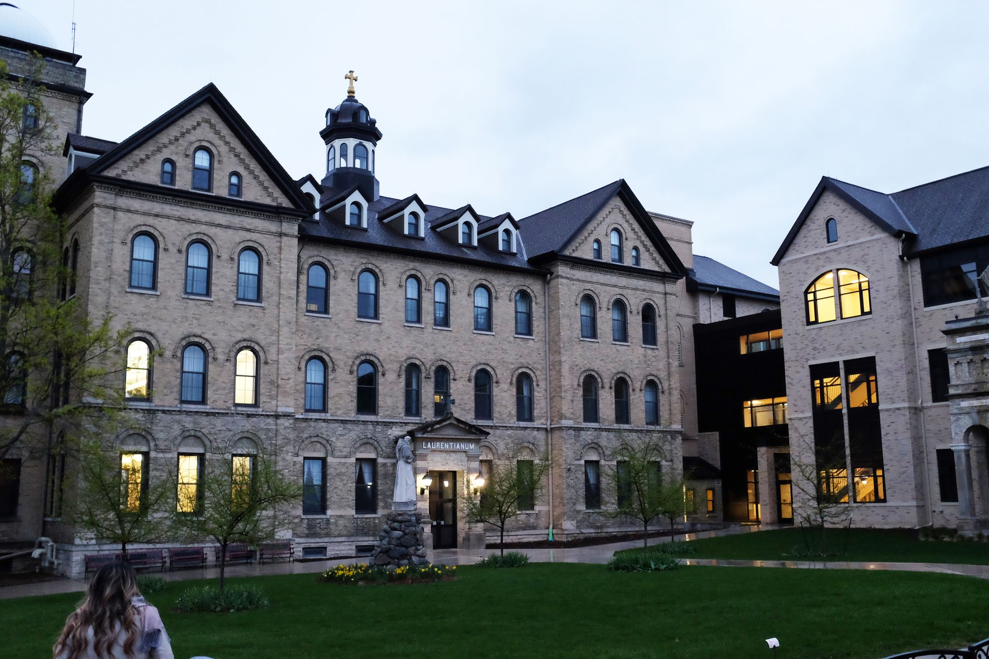 Photograph of the exterior of the the Laurentianum at St. Lawrence Seminary at dusk.
