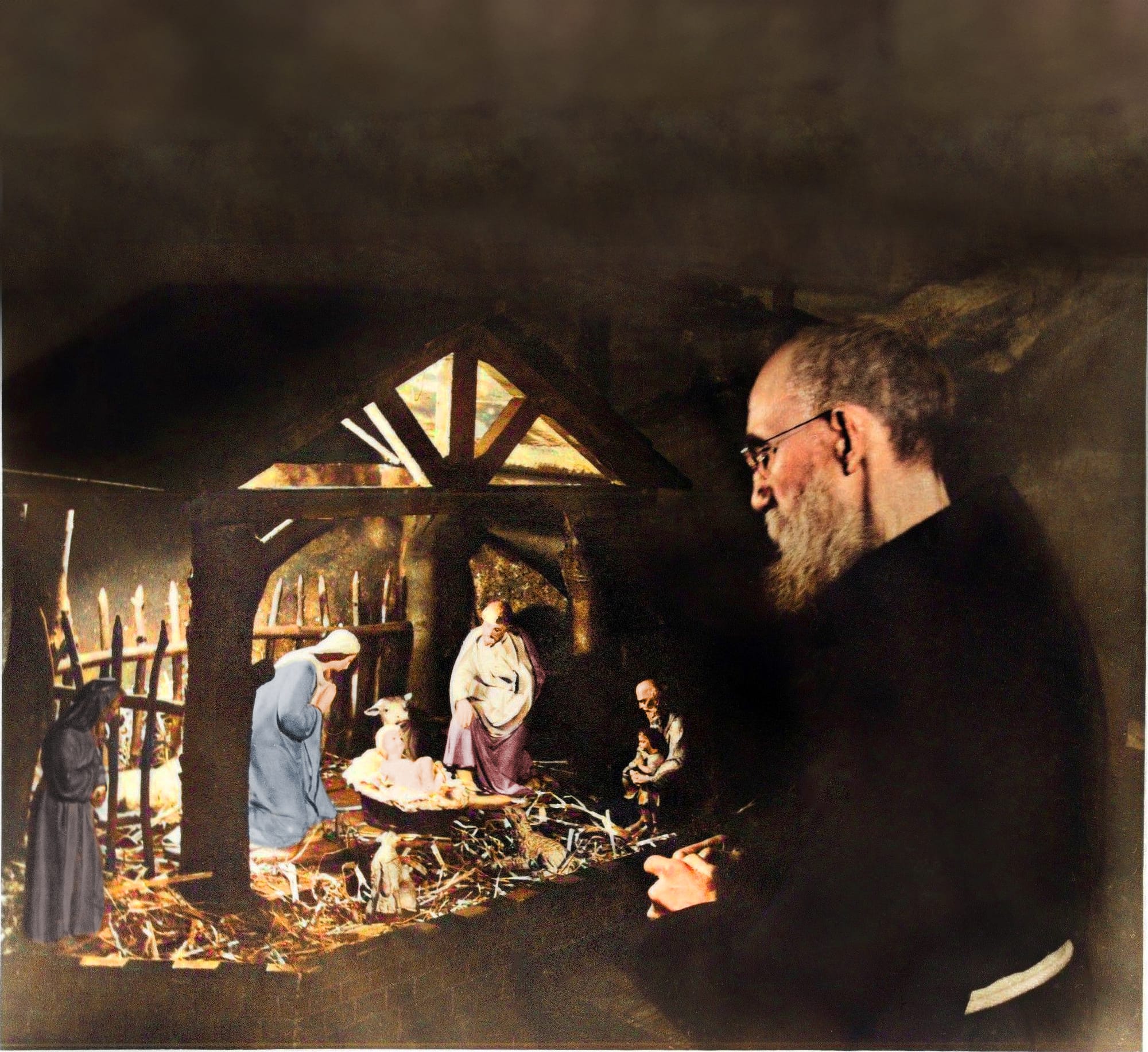 A colorized photograph of Blessed Solanus Casey praying at the creche in 1944.