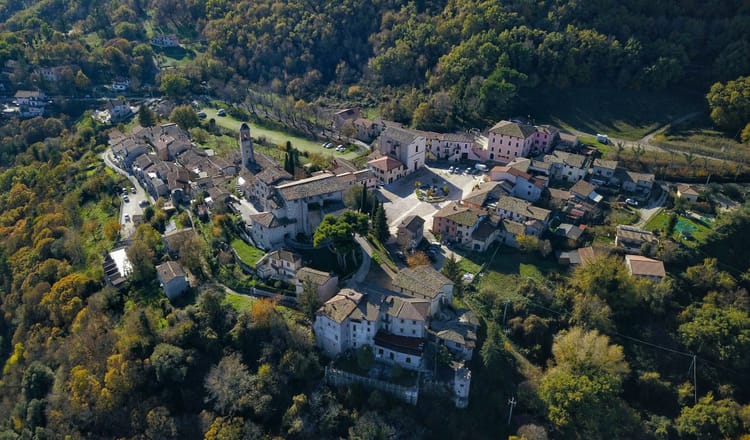 An aerial photo of the hilltop town of Greccio in the Italian region of Umbria. 