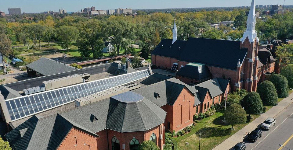 Aerial view of the Solanus Casey Center and St. Bonaventure Chapel and Friary